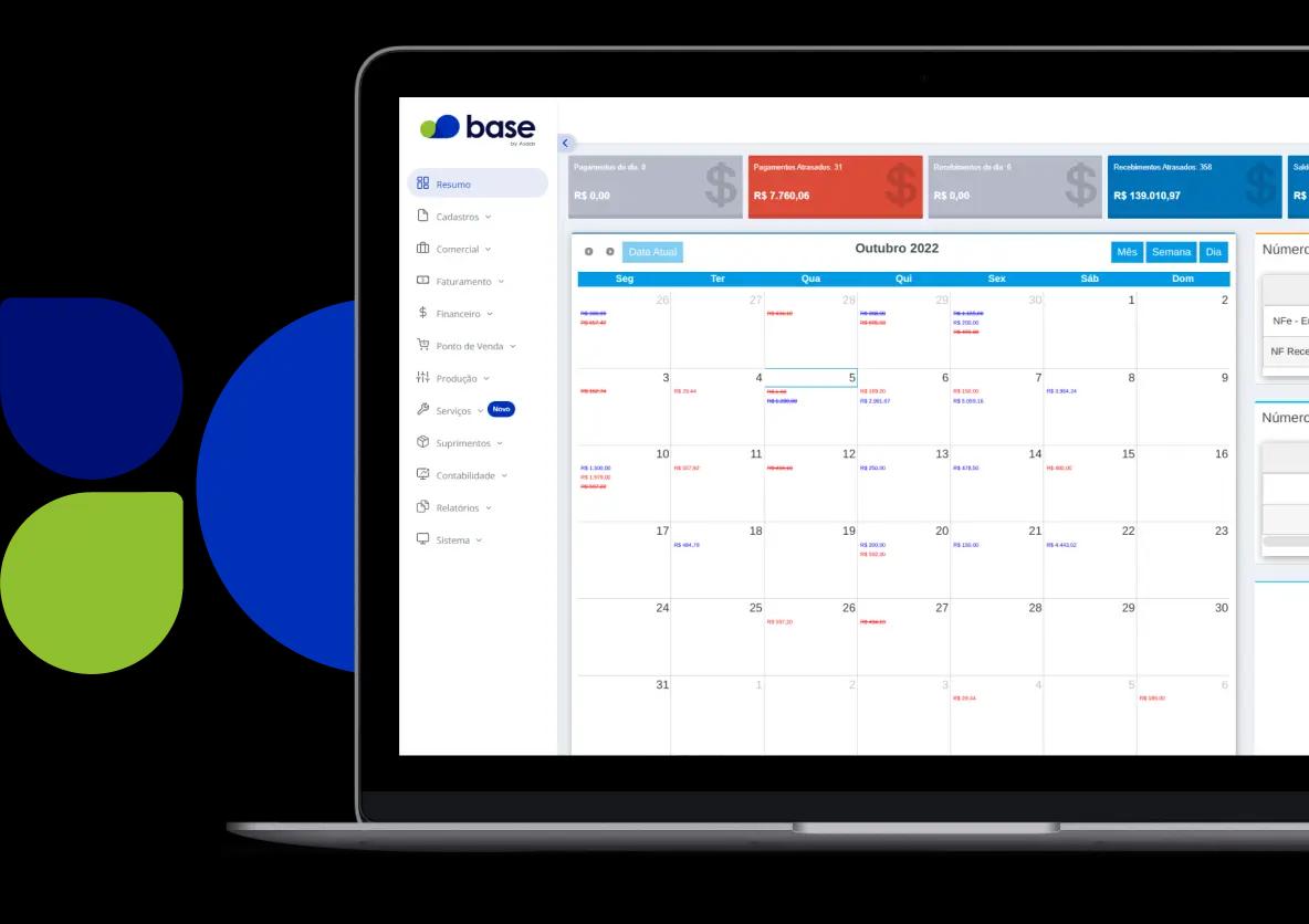 Computador mostra a tela de resumo do Base by Asaas, composta pelo calendário de pagamentos do mês, detalhamento de pagamentos recebidos e atrasados, notas fiscais e pedidos.