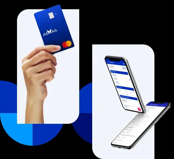 Colagem mostrando alguns produtos do Asaas. À esquerda, uma mão segura o Cartão Asaas, confeccionado em azul com o logo da empresa. À direita, estão dois celulares mostrando as telas internas do aplicativo do Asaas.