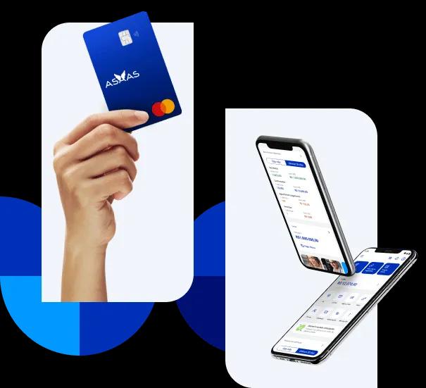 Colagem mostrando alguns produtos do Asaas. À esquerda, uma mão segura o Cartão Asaas, confeccionado em azul com o logo da empresa. À direita, estão dois celulares mostrando as telas internas do aplicativo do Asaas.
